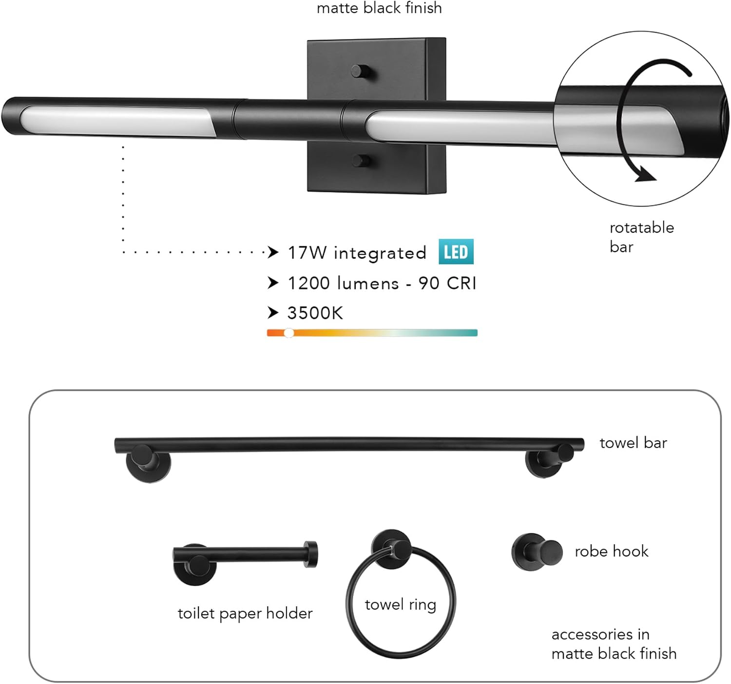 Globe Electric 63000203 5-Piece All-in-One Bathroom Set, 2-Light LED Vanity Light, Matte Black, 1200 Lumen, Towel Bar, Robe Hook, Toilet Paper Holder, Towel Ring, Bathroom Lights Over Mirror
