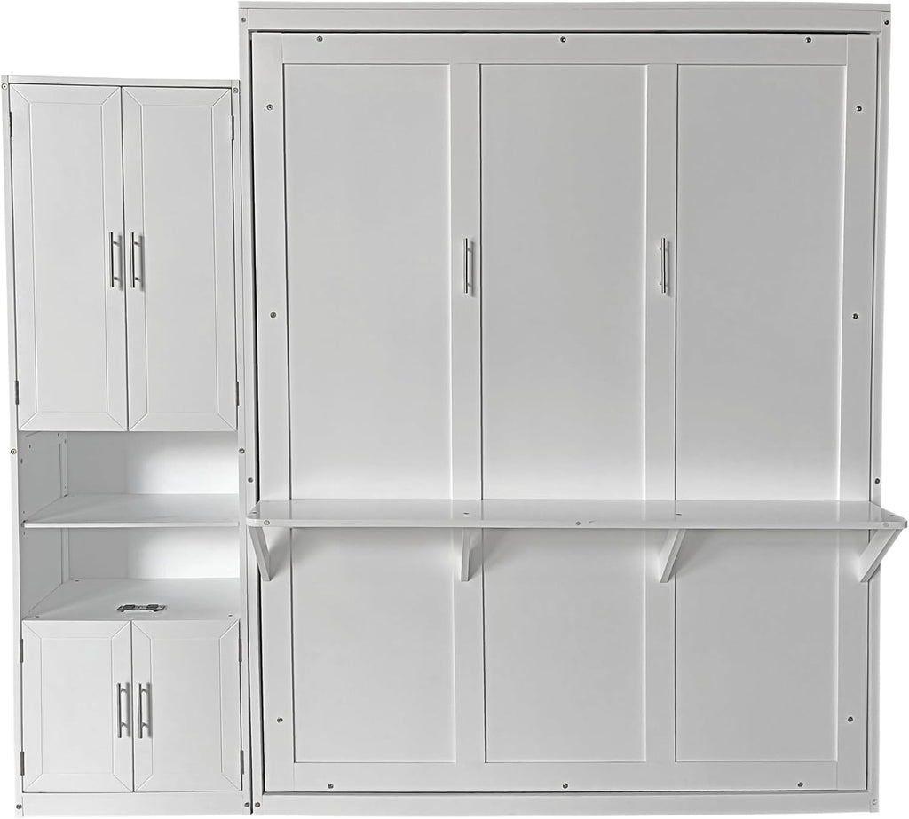 PVWIIK Queen Murphy Cabinet Bed with Desk & Storage Shelf for Adult Boys Girls Bedroom Guest Room Living Room,Wall Bedframe Folding into Cabinet Design,White