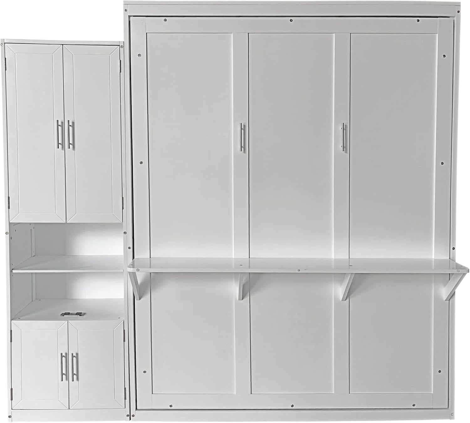 PVWIIK Queen Murphy Cabinet Bed with Desk & Storage Shelf for Adult Boys Girls Bedroom Guest Room Living Room,Wall Bedframe Folding into Cabinet Design,White