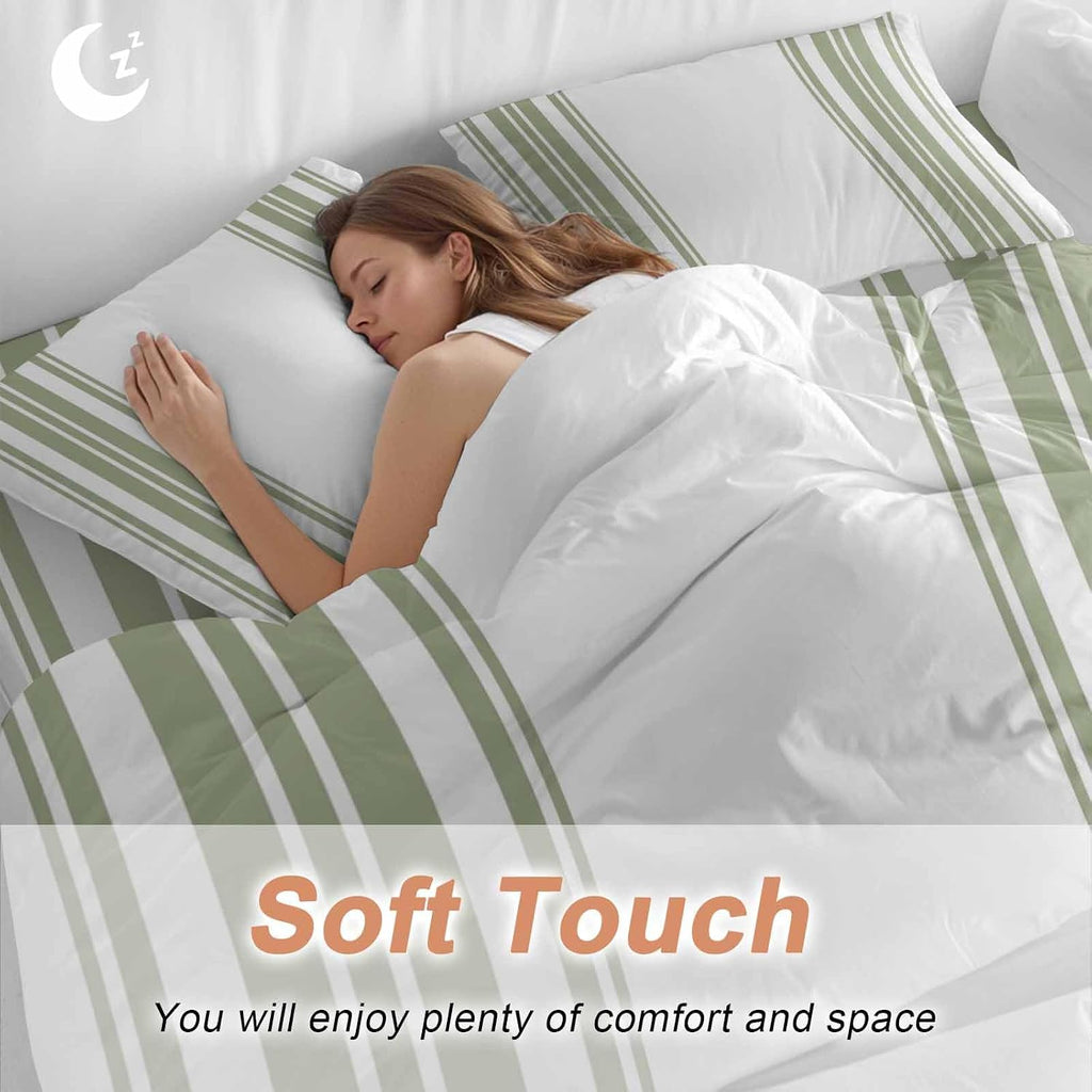 Sage Green and White Striped Duvet Cover Set Queen Size 4 Pieces Modern Minimalist Vertical Lines Bedding Set with Zipper Closure, 1 Comforter Cover 92x106 Inches 1 Flat Sheet & 2 Pillow Cases