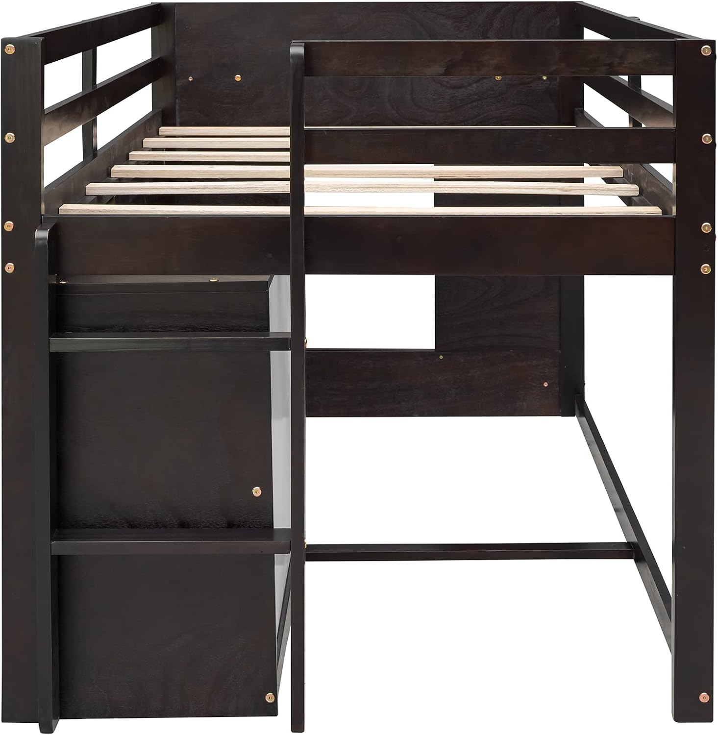 Ball & Cast Twin Size Low Loft Bed with Safety Guardrail & Stair,Wooden Bedframe W/Cabinet & Shelf,Solid Construction,No Spring Box Needed,Furniture Set for Boys Girls Keens Study Bedroom,Espresso