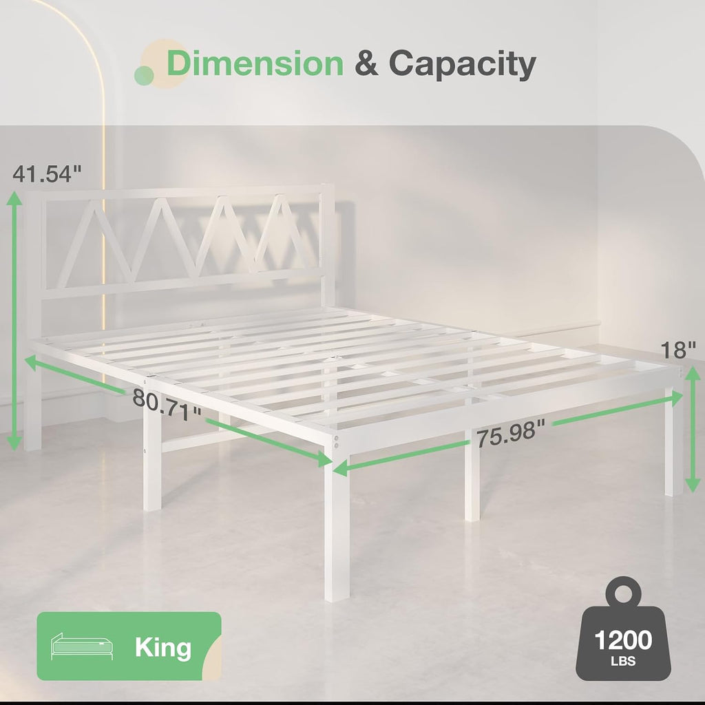 Novilla 18 Inch King Size Bed Frame with Headboard, White Metal Platform Bed Frame, King Bed Frame No Box Spring Needed, Easy Assembly