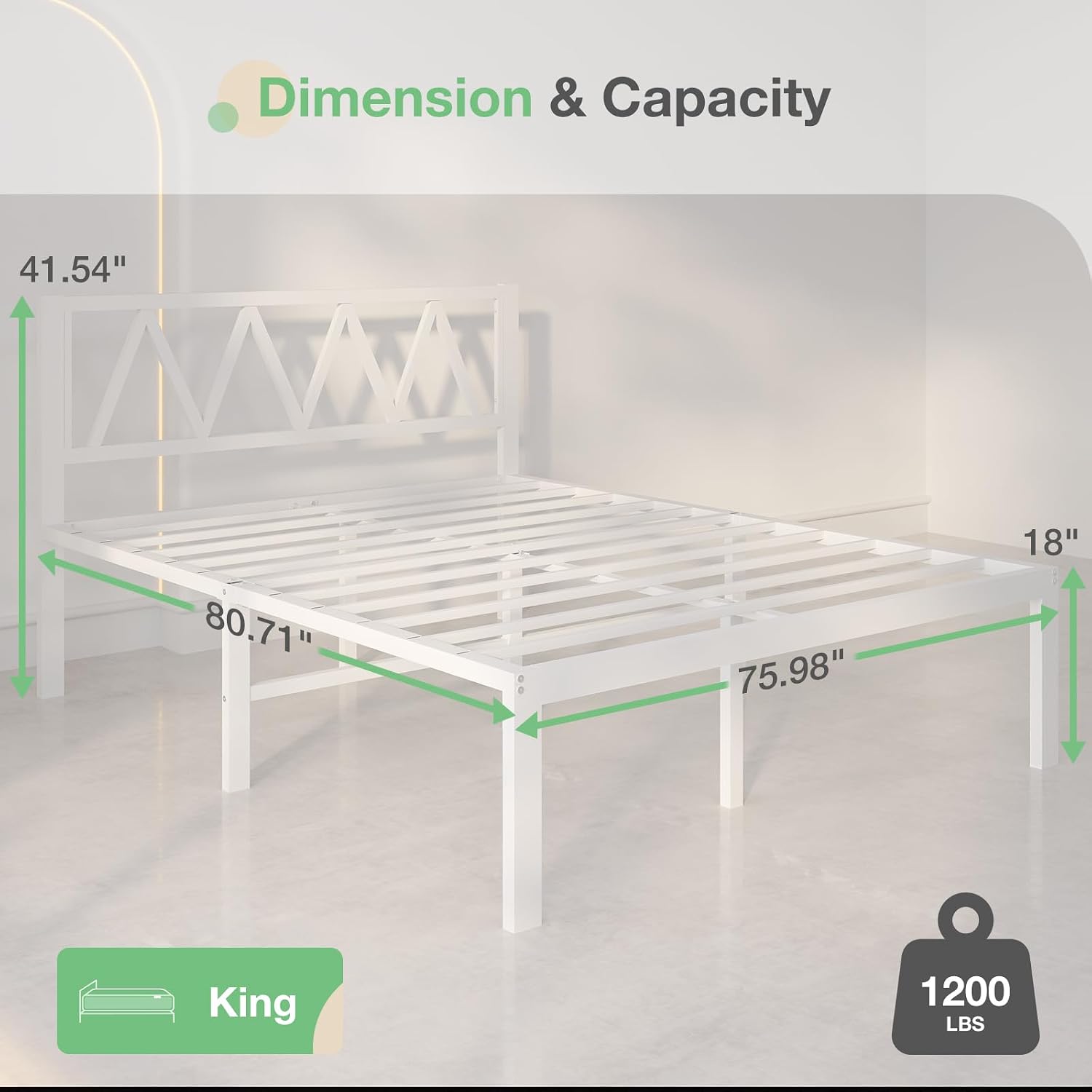 Novilla 18 Inch King Size Bed Frame with Headboard, White Metal Platform Bed Frame, King Bed Frame No Box Spring Needed, Easy Assembly