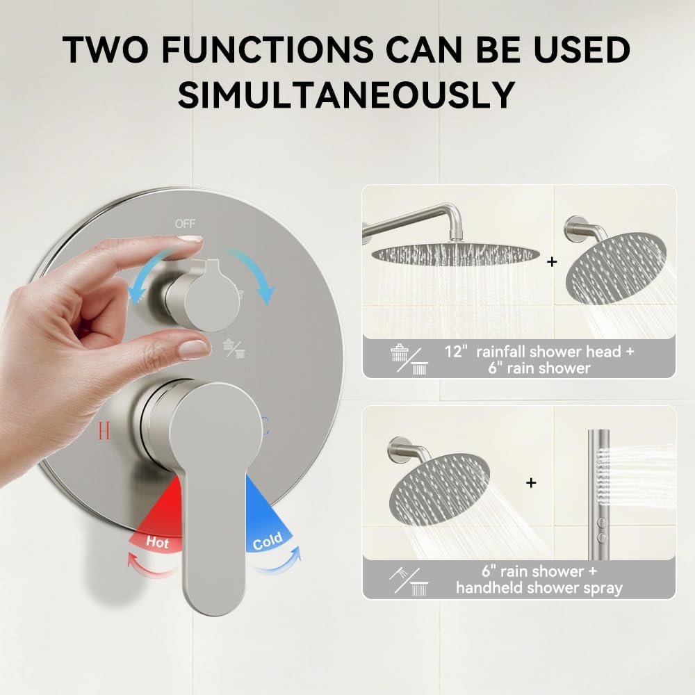 Shower Systems STARBATH 12+6' Round Dual Rainfall Shower Head with Handheld Spray for Two People, Wall Mounted 3 Way Rain Shower Faucet Sets Complete, Included Valve and Trim Kit, Brushed Nickel