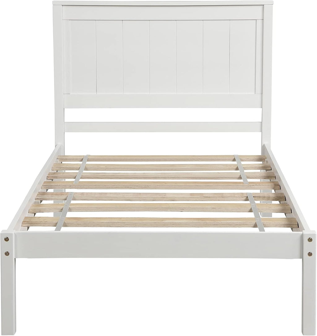 Twin Size Wood Bed Frame and Headboard, Modern Retro White Platform Beds Frames, Sturdy and Durable Design Rustic Wooden Bedroom Set, Easy Assembly, No Box Spring Needed (White, Twin)