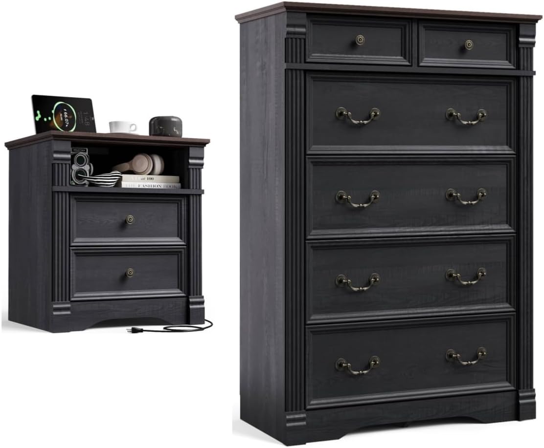 Bedroom Sets 2 Pieces, Farmhouse 6 Drawer Dresser and Nightstand Sets, Wood Furniture Set for Home, Bedroom, Living Room, Hallway, Black