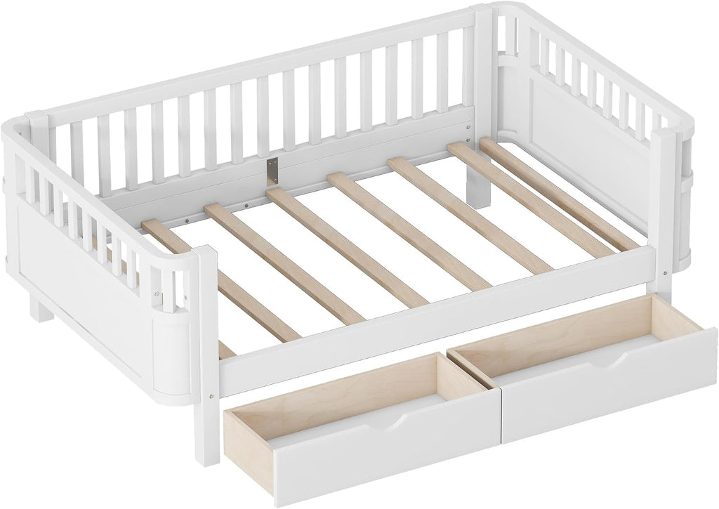 Twin Kids Bed with Storage Drawers & Rails, Wood Low Montessori Beds with Detachable Side Rails & Slats, Modern Daybed for Boys Girls Bedroom, Kids Twin Platform Bed, White