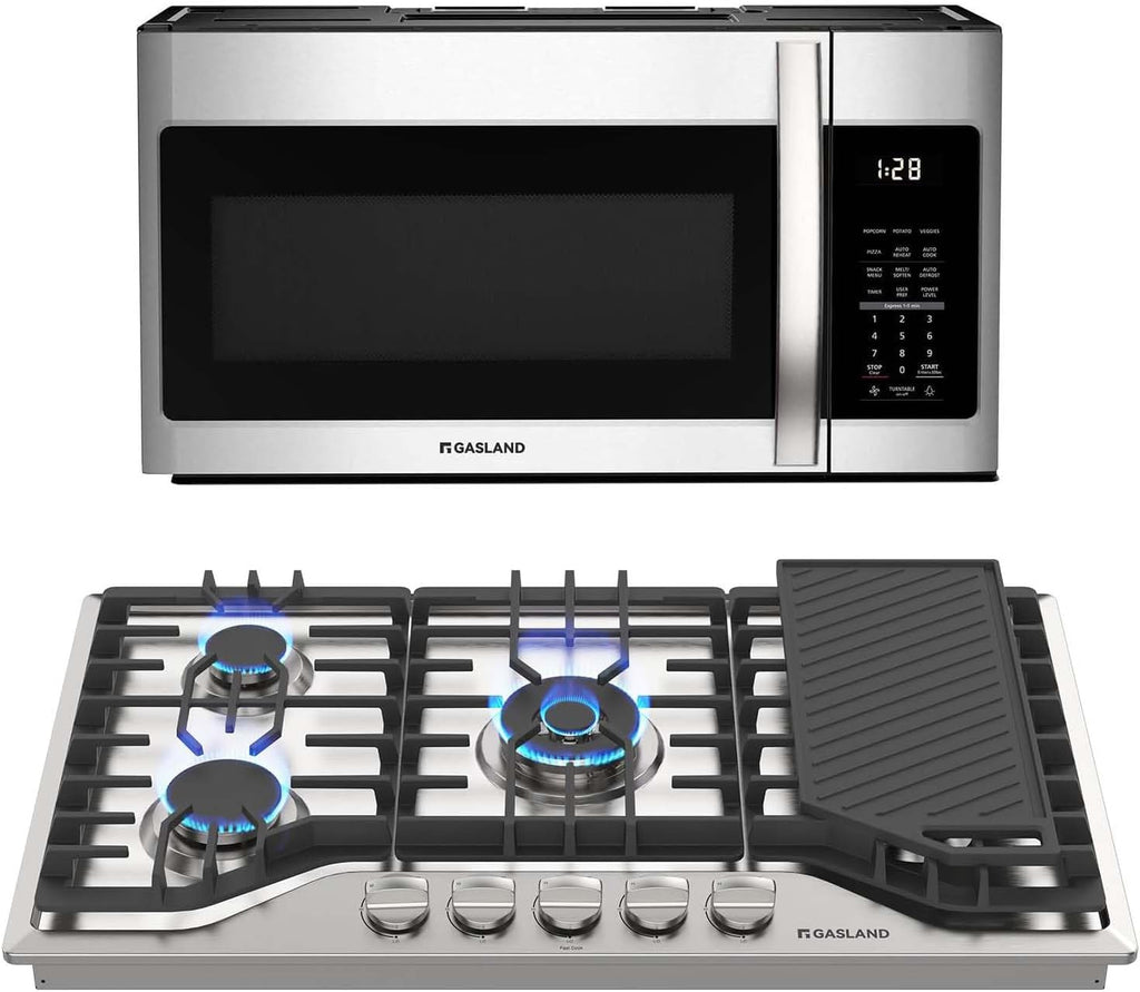 GASLAND 30 Inch Over the Range Microwave Oven + 36 Inch Gas Cooktop, 5 Burner Gas Stovetop with Reversible Cast Iron Grill/Griddle