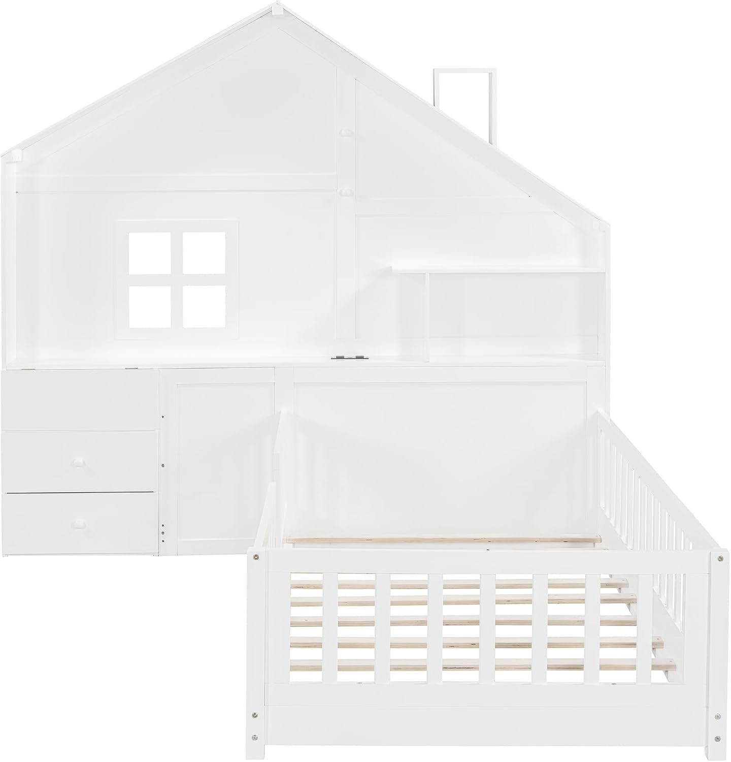 VilroCaz Twin Size Kids Floor Bed with Safety Fence, Solid Wood Montessori Platform Bed with House Shape Headboard with Bedside Drawers, Shelves, Sockets and USB Port for Kids Boys Girls (White-LT1)