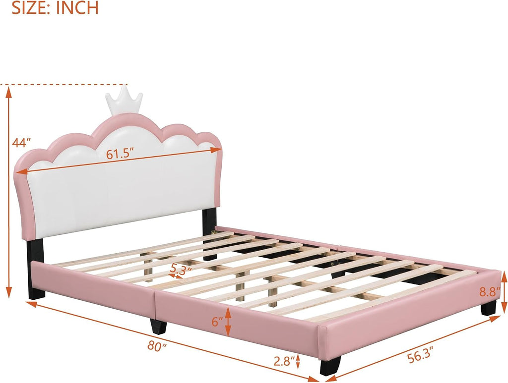 Full Size Princess Bed Frame with Crown Shaped Headboard for Kids,Upholstered Platform Bed with Slats Support,Pink Girls Bed,Full Bed for Girls Teens,Pink