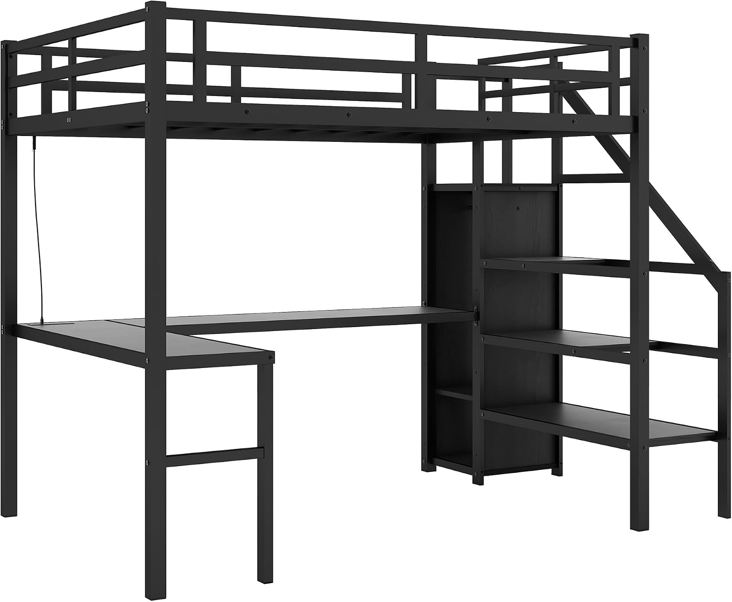 Ball & Cast Twin XL Size High Loft Bed with LED Light Strip & USB,Metal Bedframe W/L-Shape Desk & Built-in Storage Staircase,Wardrobe & Adjustable Shelf,Bedroom Furniture Set for Kid Teen Adult,Black