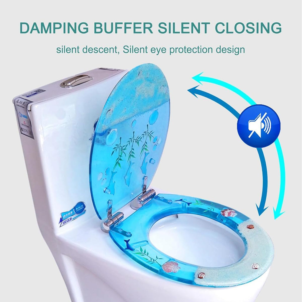 3D Ocean Series Round Toilet Seat, Mute No Slam Toilet Seat Cover with Soft Close Toilet Lid and Stainless Steel Hinges, Thickened Safety Resin Toilet Seats (C)