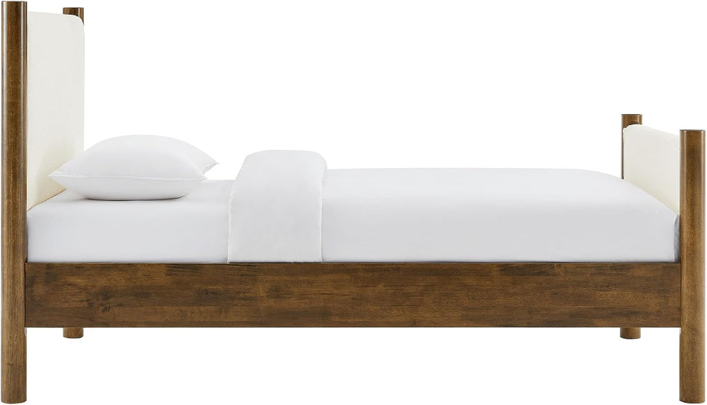 Modway Maven Twin Size Bed Frame in Feather Walnut with Upholstered Boucle Headboard and Footboard – Wood Twin Platform Bed Frame – No Box Spring Needed