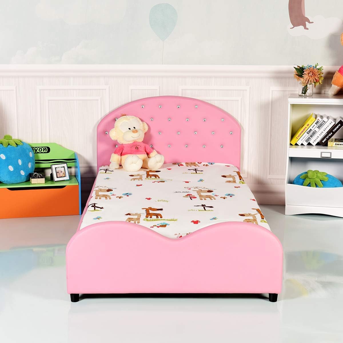 Costzon Twin Bed Frames for Kids, Wood Upholstered Twin Bed Platform with Slat Support, Padded Headboard&Footboard, No Box Spring Needed, Easy Assembly, Fits Standard Twin Mattress (Crystal)