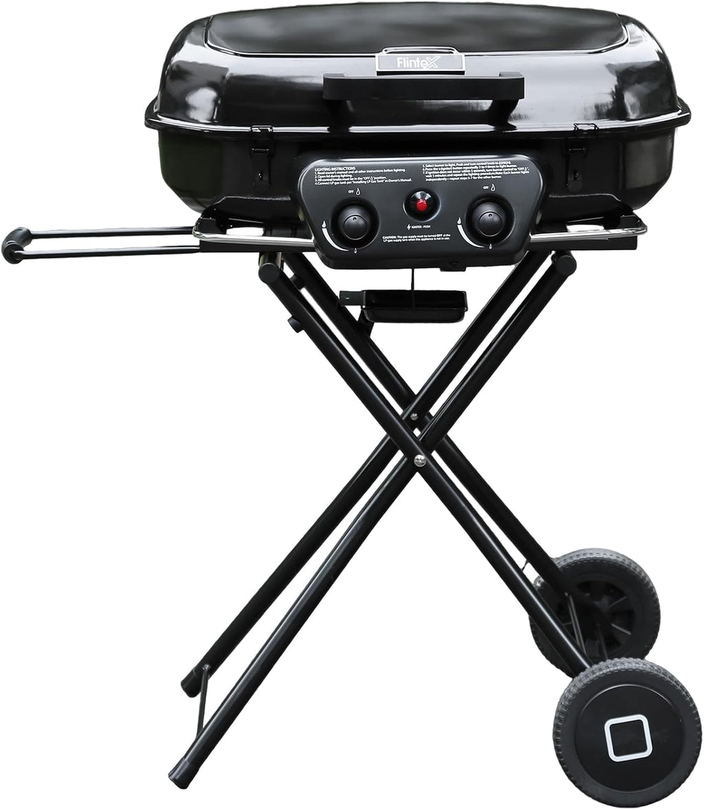Flintex 2-Burner Portable Propane Gas Grill, Foldable 2-in-1 Camping Propane Grill with Porcelain-Enameled Griddle & Grill Grate for Outdoor Camping Picnics Backyard Cooking, Black