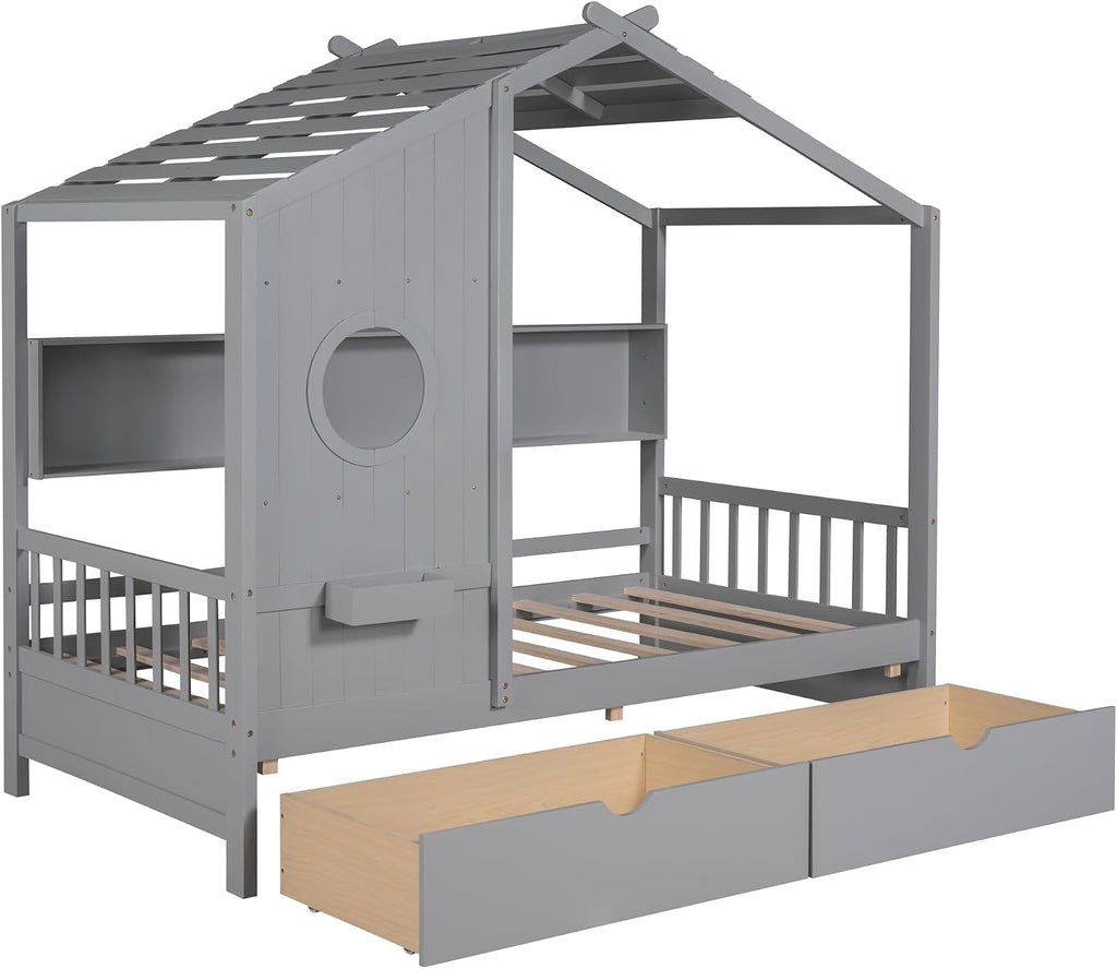 MERITLINE Twin Size Kids House Bed with 2 Drawers and Storage Shelf, Wooden Kids Montessori Bed Frame (Grey)