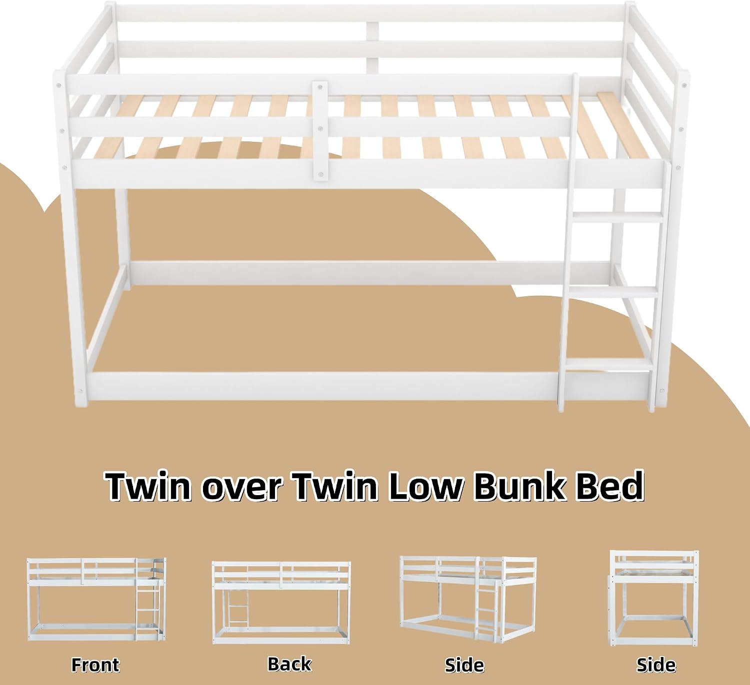 Low Bunk Bed Twin Over Twin, Solid Wood Floor Bunk Bed Frame with Ladder & Safety Guardrails, Twin Bunk Beds for Kids Boys and Girls, Saving Space, No Box Spring Needed, White