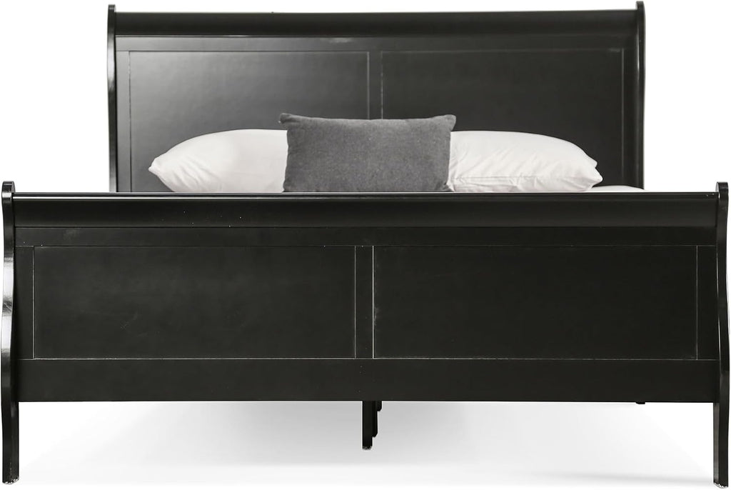 Furniture of America Louis Philippe Traditional Wood Bed Frame with Headboard and Footboard, Elegant Sleigh Design Bedframe for Bedroom, Guest Room, Easy Assembly, Box Spring Required, Queen, Black