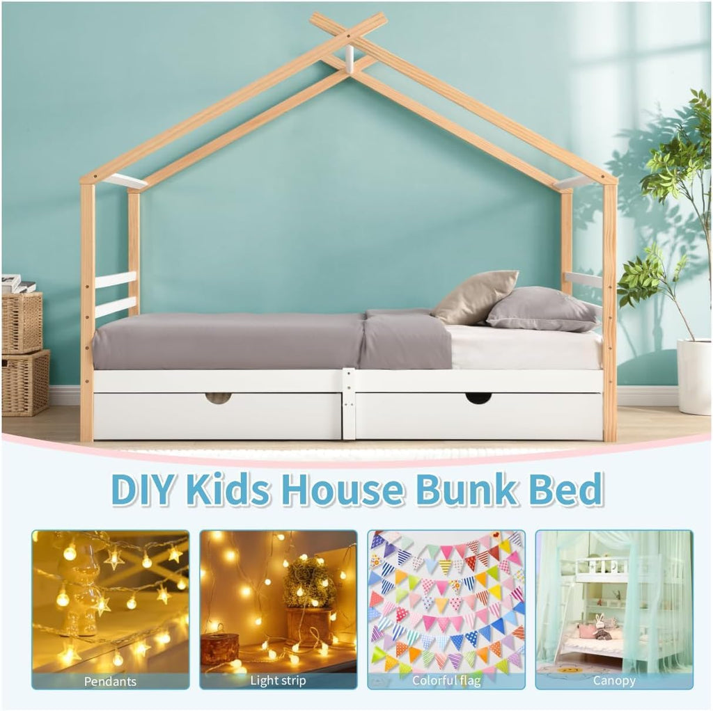 Twin Size House Bed with Storage Drawers for Kid Bedroom, Twin Wood Bed Frames for Boys Girls, Playhouse Platform Bed Frame with Roof, No Box Spring Needed, 78.13' L x 41.3' W x 70' H