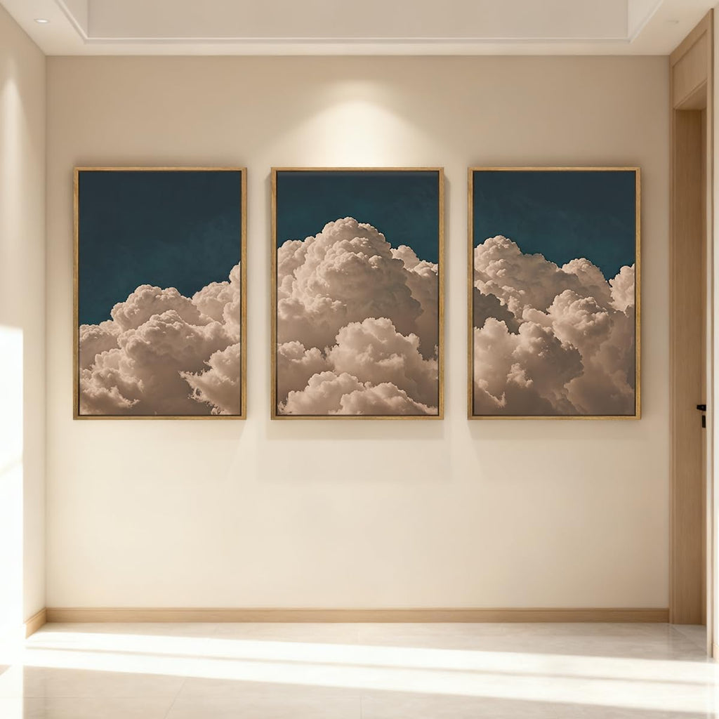 IARTTOP Extra Large Navy Blue Cloud Wall Art 24x36 Inch Framed Abstract Modern Landscape Canvas Wall Decor Minimalist Sky Painting Set of 3 for Bedroom Living room Office