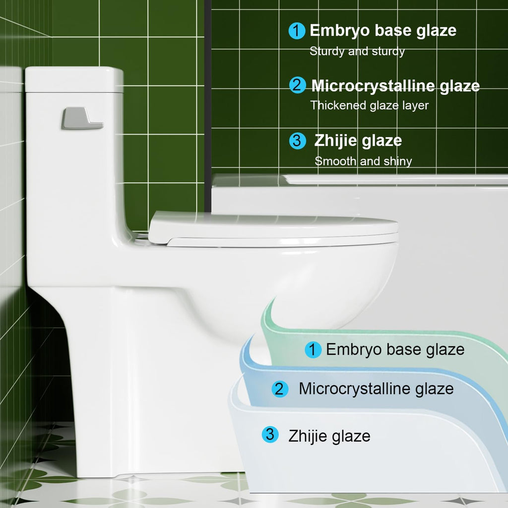 Elongated One Piece Toilet with Left-Hand Trip Lever, ADA Comfort Height, Seat Chair Height 17.3' Modern Toilet for Bathroom, 1.28 GPF, MAP 1000g, 12' Rough-In, Soft Closing Seat