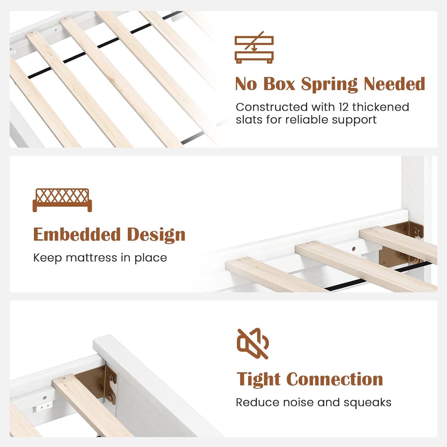 GOFLAME Twin Size Wood Bed Frame, Mid-Century Modern Platform Bed with Headboard, Solid Wood Legs, Mattress Foundation with 12 Wooden Slats, No Box Spring Needed, White