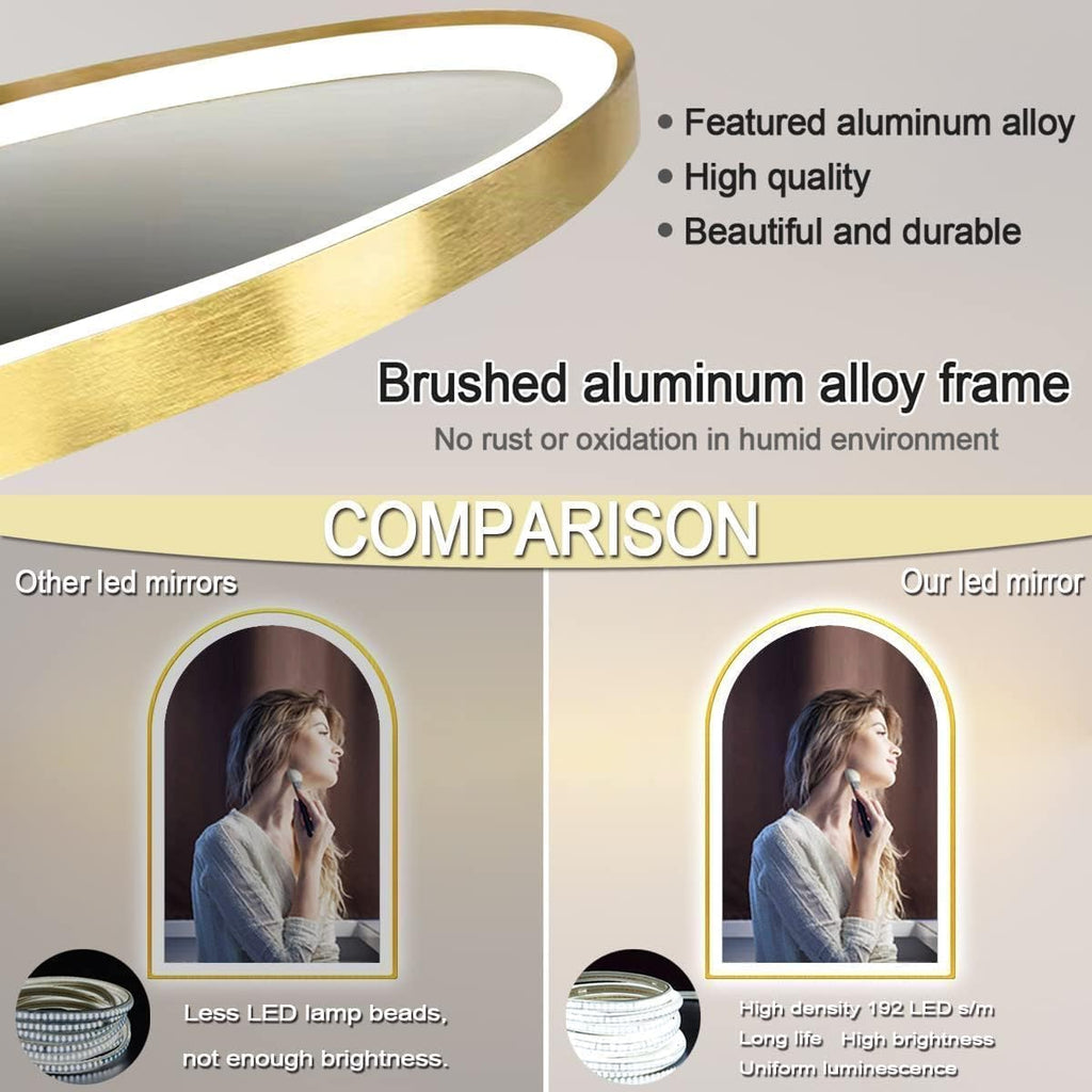 24 x 36 Inch Gold Arch Vanity Mirror with Lights 3 Color Dimmable Anti Fog 36' Gold Frame Arch LED Mirror for Bathroom Wall & Table Makeup Arched Lighted Mirrors