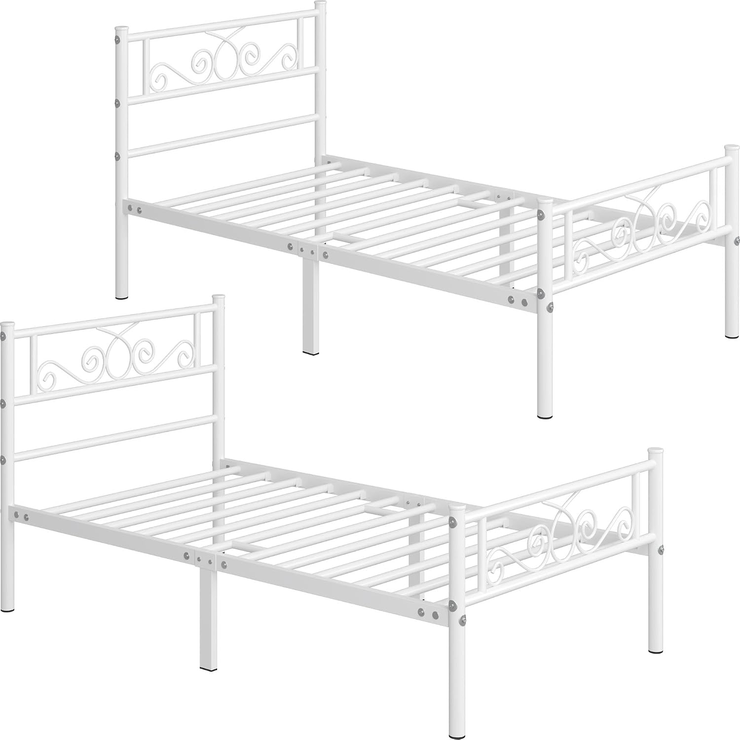 Yaheetech 2 Pcs Classic Metal Platform Bed Frame with Headboard and Footboard Flower Design Mattress Foundation Easy Set Up Structure Twin Size White