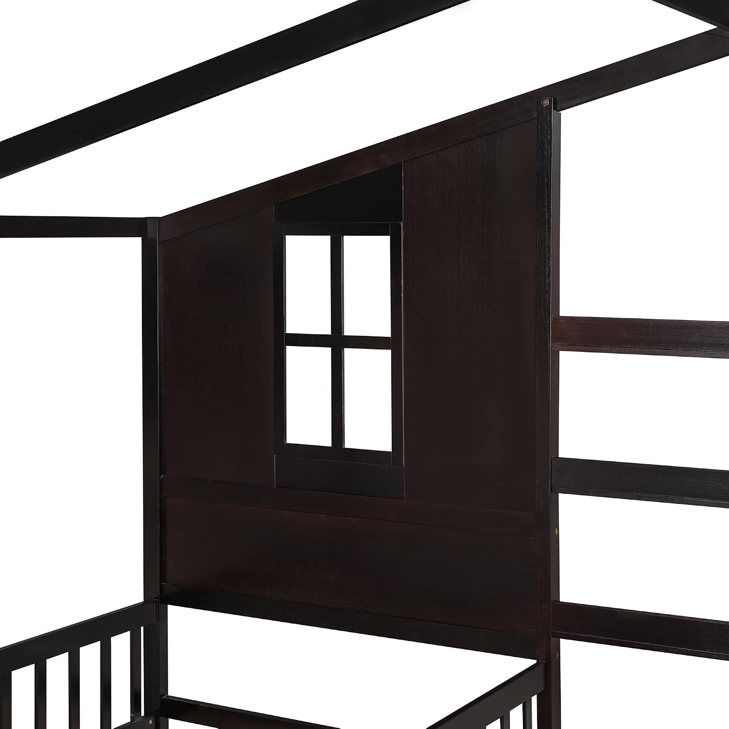 MERITLINE L Shaped Bed for 2 Kids, Twin House Bed, Wooden Double Twin Beds with Fence and Roof, Playhouse Bed, Corner Bed for Bedroom Furniture, No Box Spring Needed (Espresso)