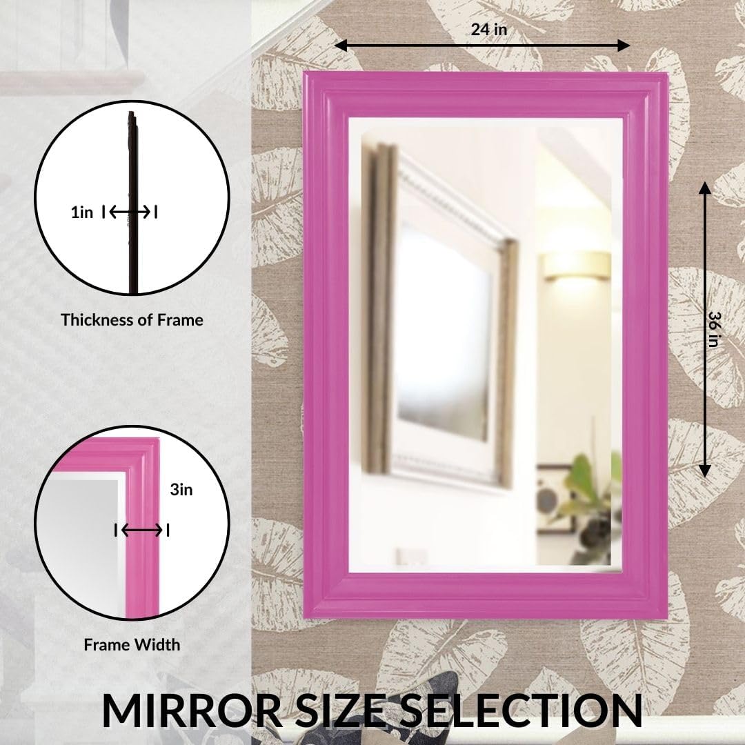 Howard Elliott George Rectangular Glossy Hot Pink Wall Mirror, Rectangle Hanging Wood Framed Vanity Mirrors for Home Decor, Living Room, Bathroom, Bedroom, or Hallway, 24 x 36 Inch