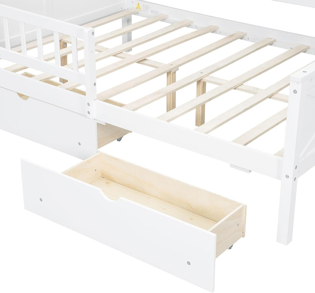 Bellemave Full House Platform Bed with Drawers Wood House Bed with Storage Shelves and LED Lights House Platform Bed Frame for Kids, Teens, Adults, No Spring Box Needed (White)