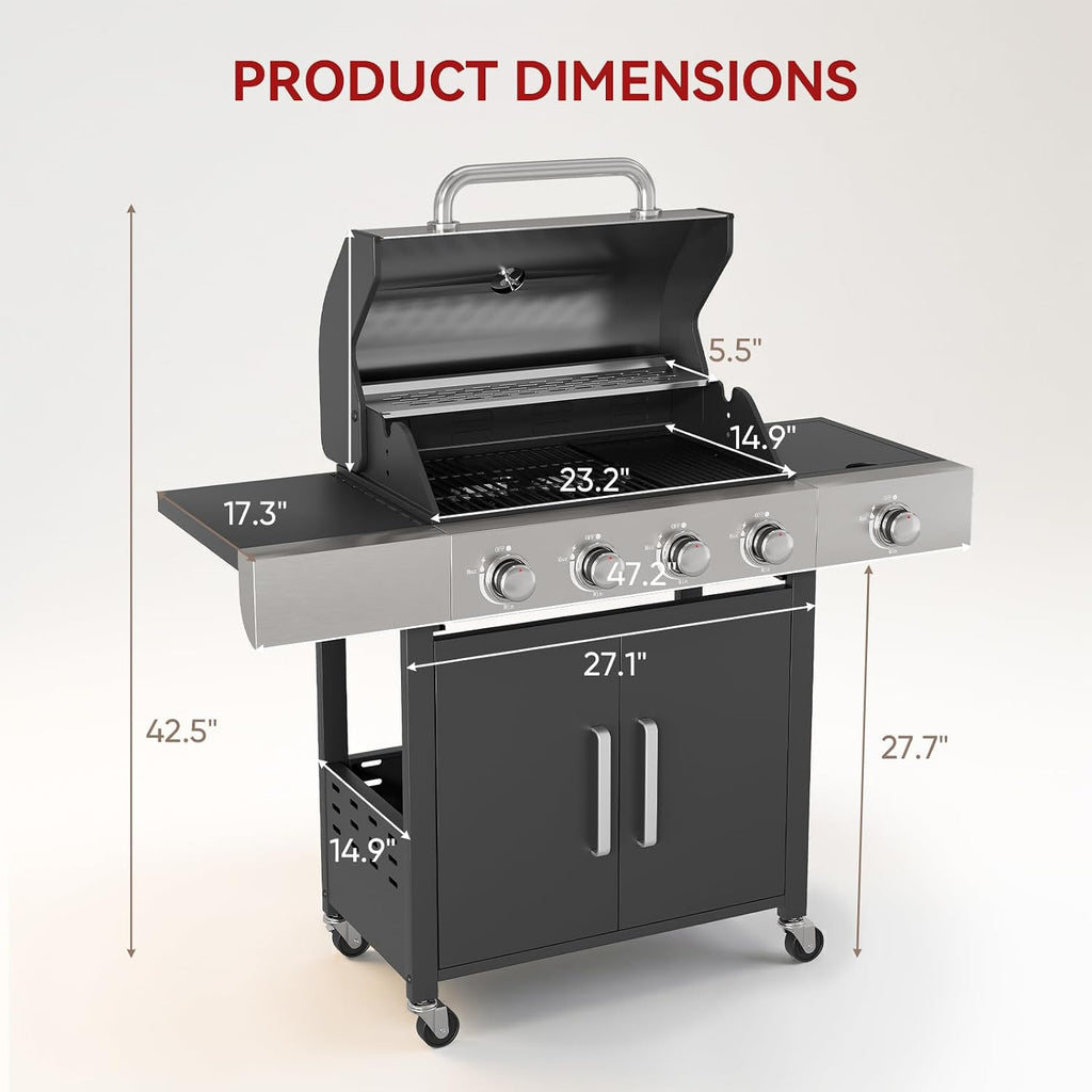 Belord 4-Burner Propane Gas Grills with Side Burner, 44000 BTU Output Stainless Steel Burner Barbecue Grill with Cast Iron Grate & Side Tables, Gas BBQ Grill Propane for Patio Picnic, Outdoor Cooking