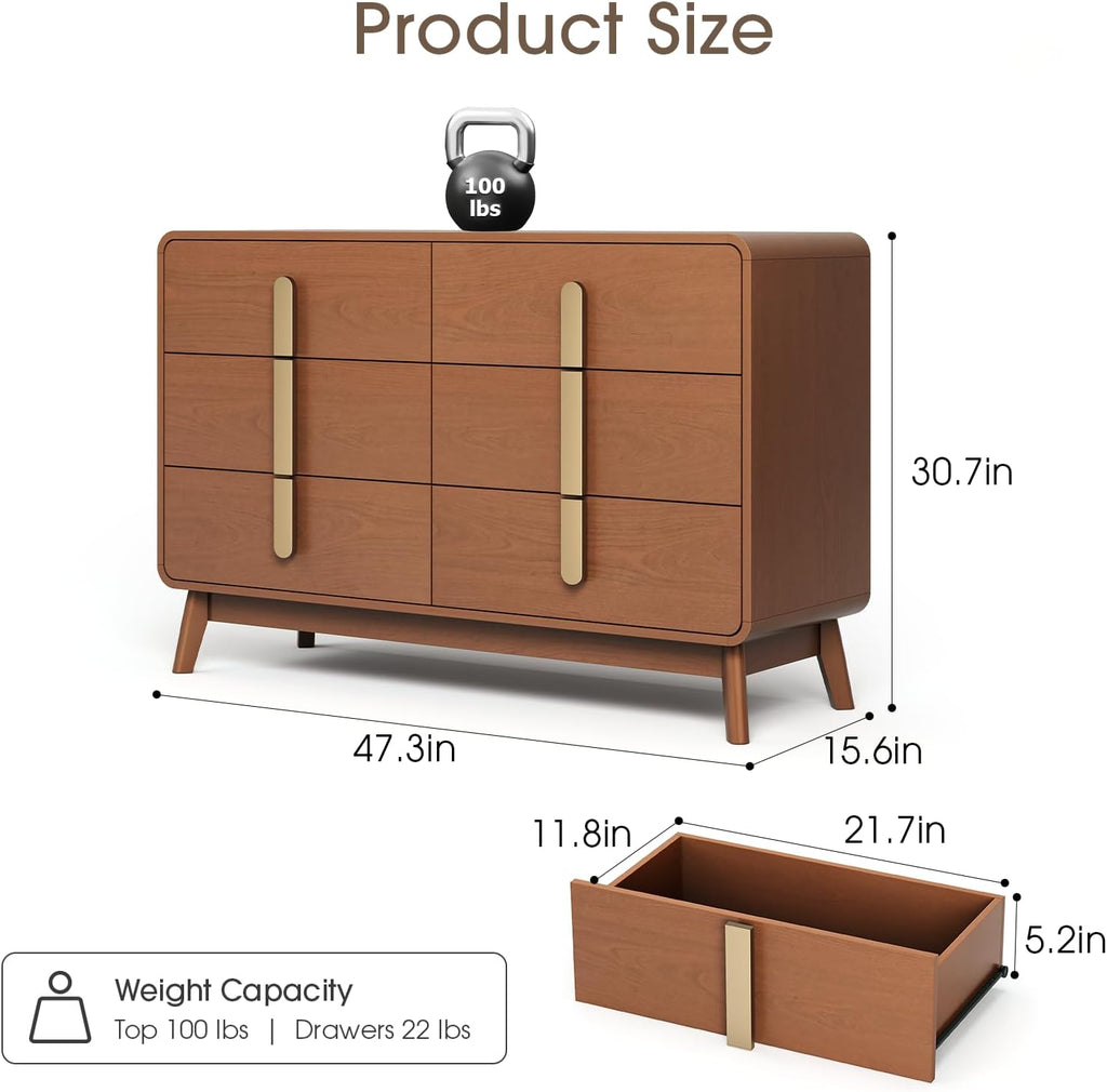 JOINICE Dresser for Bedroom with 6 Drawers,Mid Century Modern Dresser with Storage,47' Wide Chest of Drawers with Metal Handles,Large Wood Drawer Organizer for Bedroom,Living Room,Hallway,Cherry