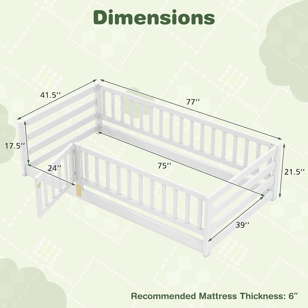 KOMFOTT Twin Size Wood Floor Bed with Door & 21.5' Fence, Montessori Bed Frame with Full Length Safety Guardrails, Door & Latch, Wooden Montessori Floor Bed for Kids, Girls, Boys