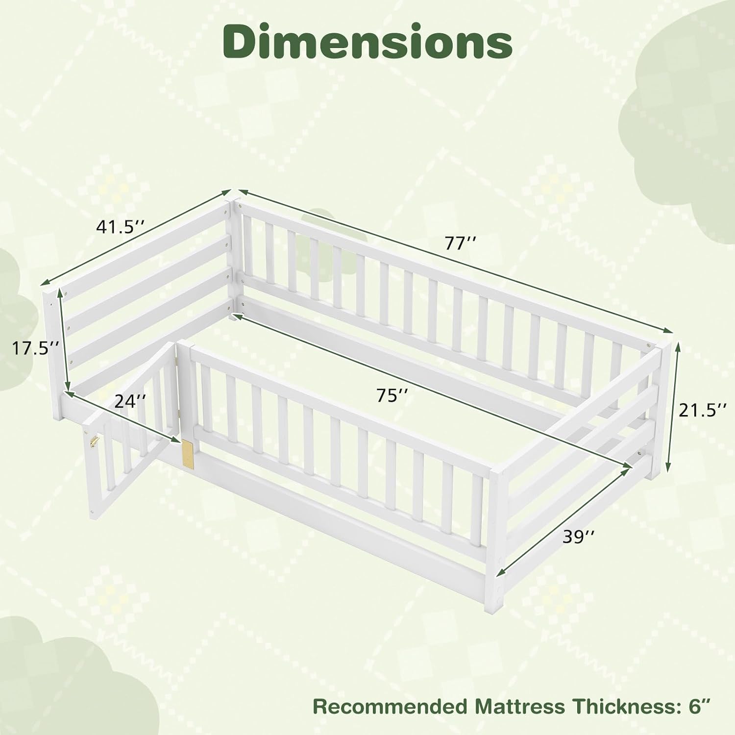 KOMFOTT Twin Size Wood Floor Bed with Door & 21.5' Fence, Montessori Bed Frame with Full Length Safety Guardrails, Door & Latch, Wooden Montessori Floor Bed for Kids, Girls, Boys
