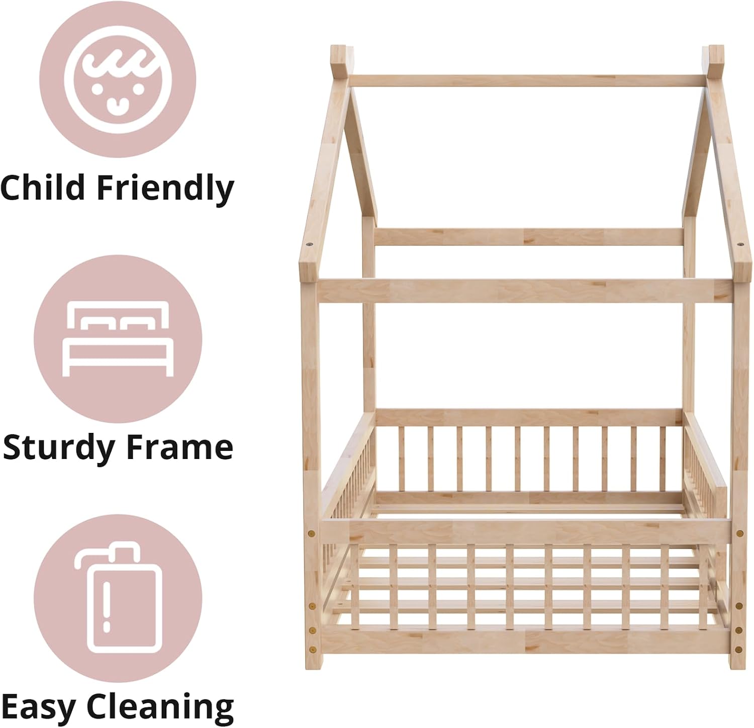 LLS Twin House Bed with Fence, Wooden Montessori Bed with Slats Support, Floor Bed Frame for Boys Girls Bedroom, Natural