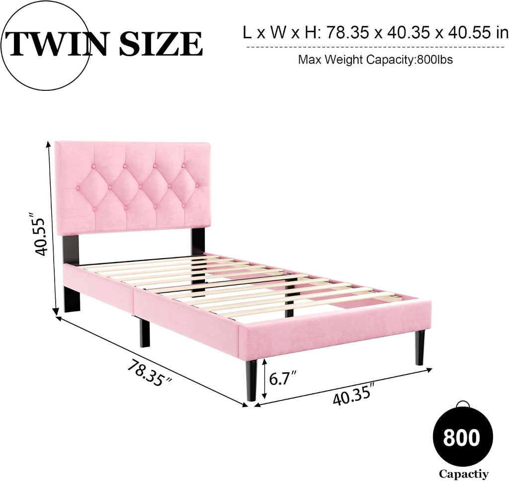 HAOARA Twin Size Platform Bed Frame with Upholstered Button Tufted Headboard, Mattress Foundation with Wooden Slat Support, Noise Free, No Box Spring Needed, Easy Assembly, Pink Velvet