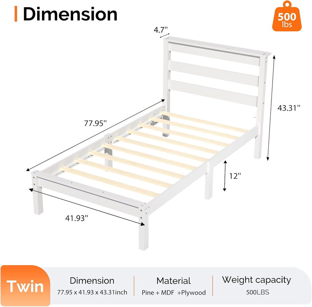 Bonnlo Solid Wood Twin Size Bed Frame with Storage Shelf Headboard, Charging Station and LED Lights, White Platform Panel Bed for Kids,Teens Adults, Mattress Foundation Replacement