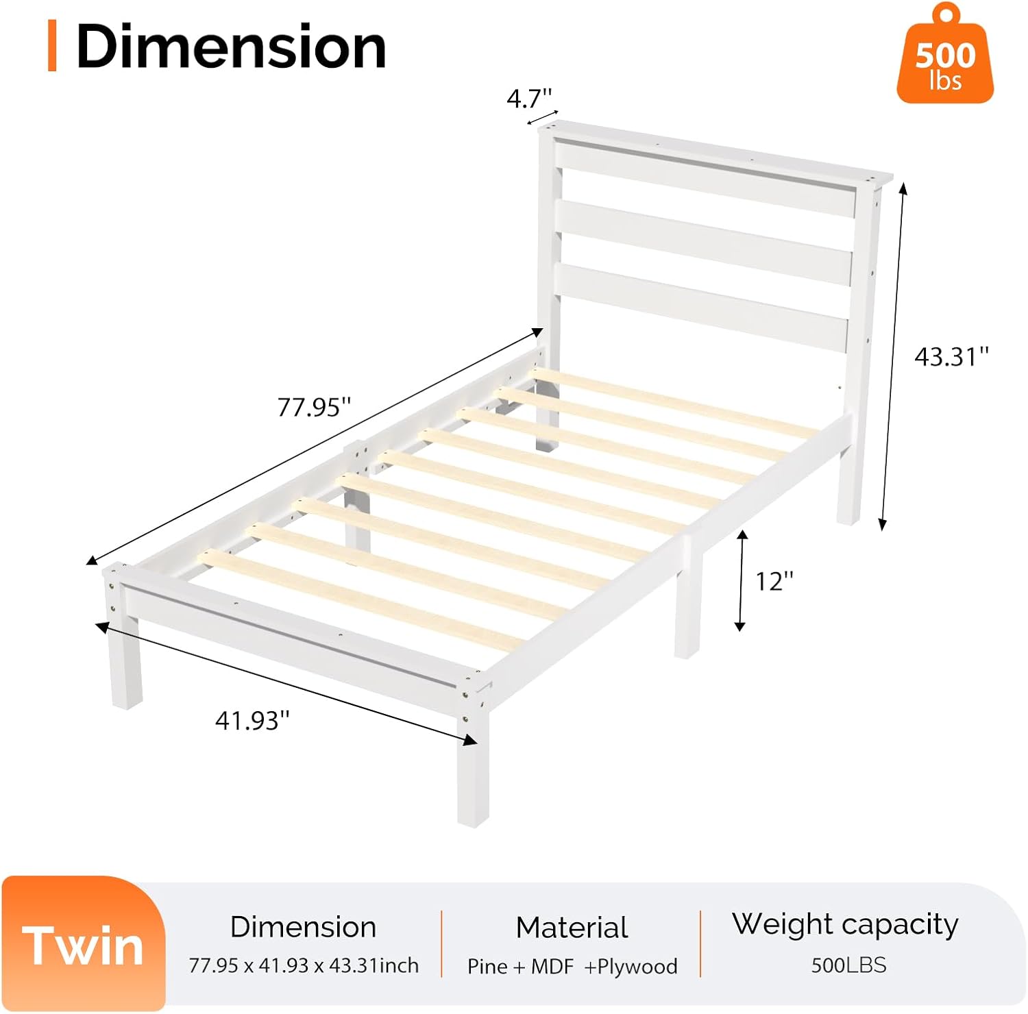 Bonnlo Solid Wood Twin Size Bed Frame with Storage Shelf Headboard, Charging Station and LED Lights, White Platform Panel Bed for Kids,Teens Adults, Mattress Foundation Replacement