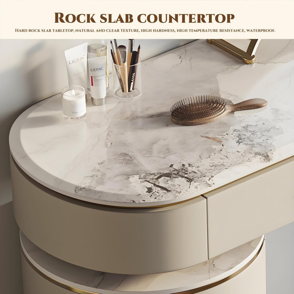 Leather Vanity Set - Solid Wood Makeup Vanity with Rock Slab Countertop, 4 Drawers, Modern Dressing Table Include LED Lights Mirror & Stool, Stainless Steel Base for Bedroom (Beige,39.37'')