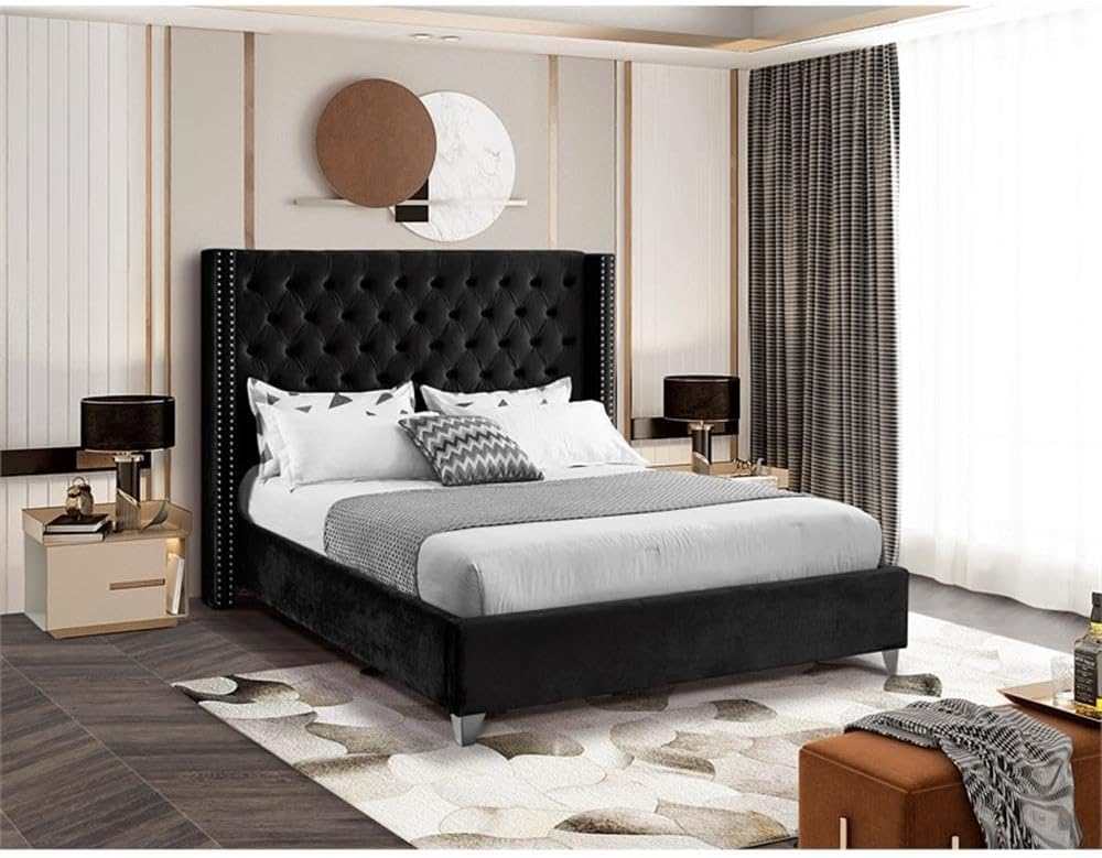 Meridian Furniture Aiden Collection Modern | Contemporary Velvet Upholstered Bed with Deep Button Tufting, Solid Wood Frame, and Custom Chrome Legs, Queen, Black