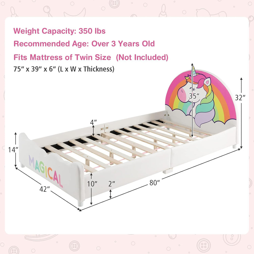 Costzon Twin Bed Frames for Kids, Wood Upholstered Twin Bed Platform with Slat Support, Padded Headboard&Footboard, No Box Spring Needed, Easy Assembly, Fits Standard Twin Mattress (Rainbow)