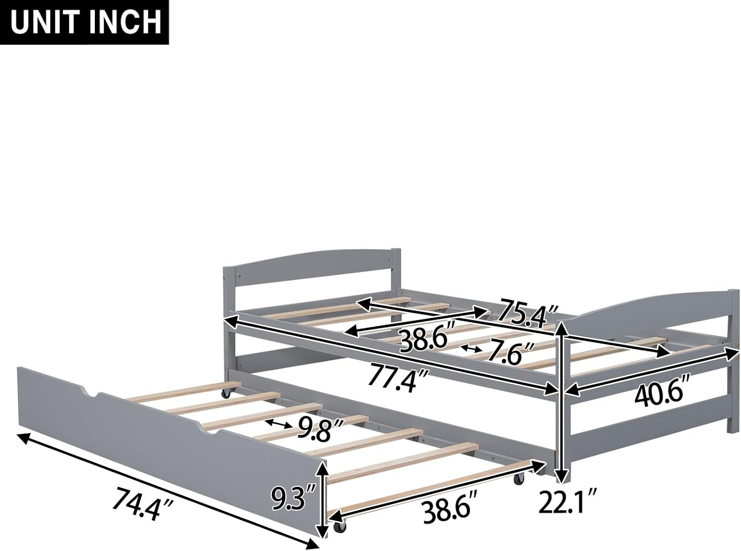 Bellemave Twin Size Kids Bed with Trundle, Wood Twin Daybed with Storage, BedFrames for Kids, Adults, Gray