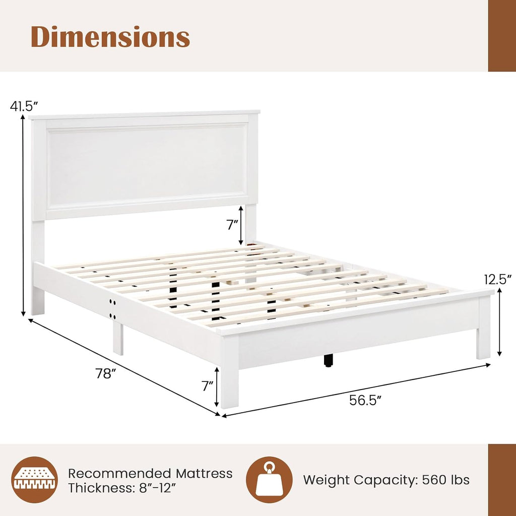 GOFLAME Full Size Wood Bed Frame, Mid-Century Modern Platform Bed with Headboard, Solid Wood Legs, Mattress Foundation with 12 Wooden Slats, No Box Spring Needed, White