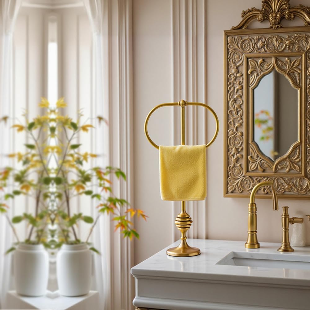 Brass Gold Freestanding Hand Towel Holder for Bathroom Countertop, Decorative Kitchen Towel Holder Stand (A)
