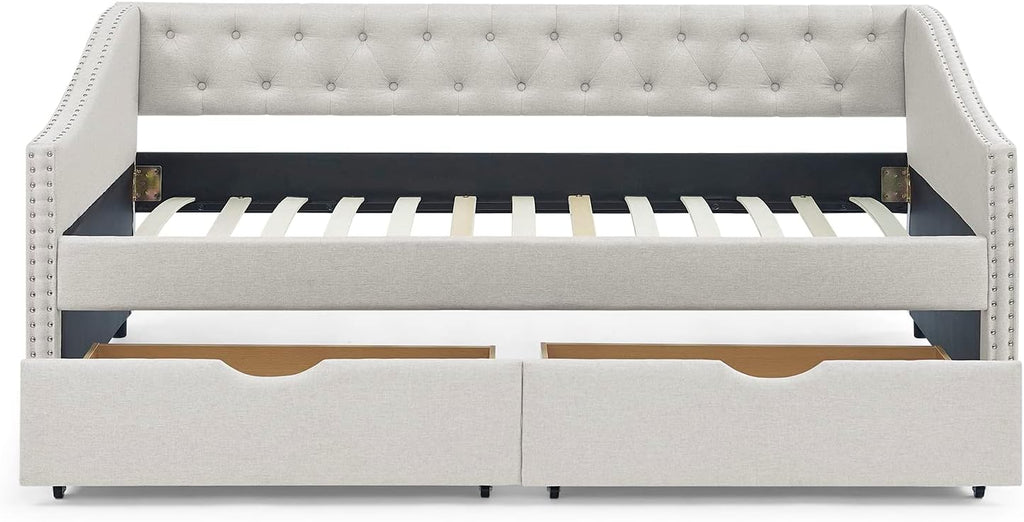 Wood Twin Daybed, Day Bed Frame with 2 Storage Drawers, Upholstered Twin Bed Frame Sofa Couch with Button and Nailhead Design for Bedroom Guest Room, No Box Spring Needed, Beige