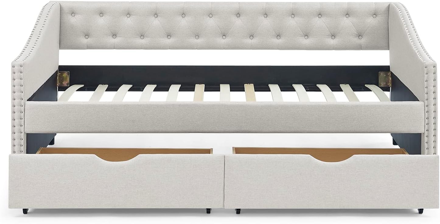 Wood Twin Daybed, Day Bed Frame with 2 Storage Drawers, Upholstered Twin Bed Frame Sofa Couch with Button and Nailhead Design for Bedroom Guest Room, No Box Spring Needed, Beige
