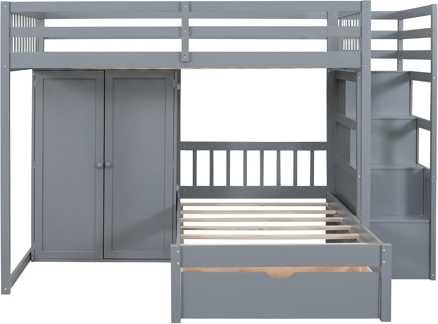 Ball & Cast Full Over Twin Bunk Bed with Safty Guardrail & Storage Stair,Wood Loft Bedframe W/Wardrobe & Drawers,Space-Saving Design,Easy Assembly,Versatile Furniture for Boys Girls Teen Bedroom,Gray