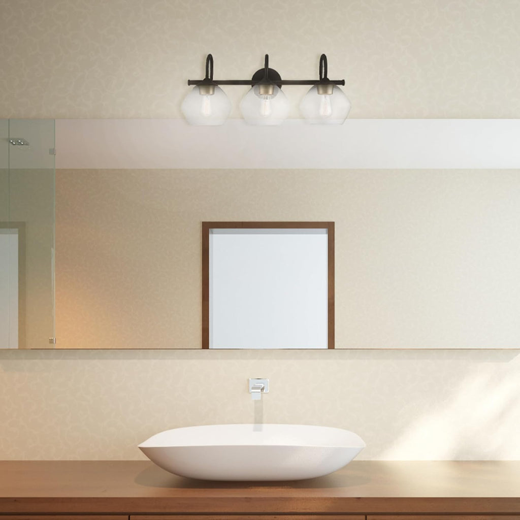 Globe Electric 51853 3-Light Vanity Light, Dark Bronze, Antique Brass Accents, Clear Glass Shade, Beauty Room Accessories, Bathroom Lights Over Mirror, Makeup Mirror Lights, Bulb Not Included