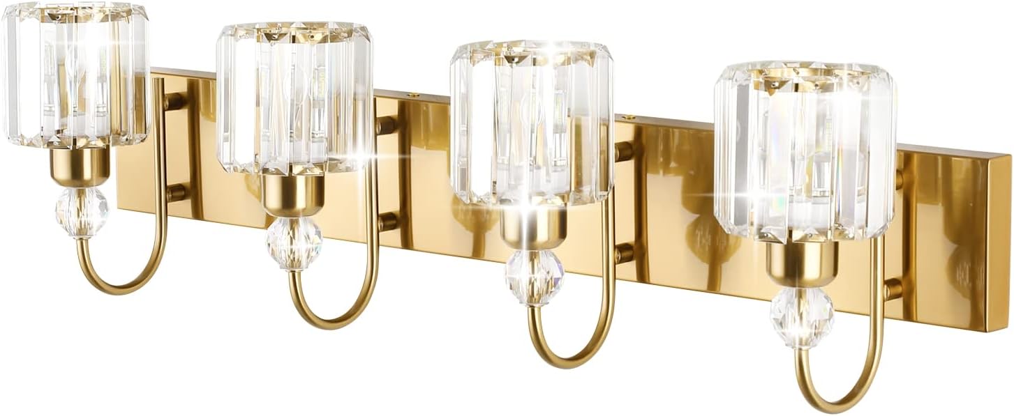 Ralbay Brass Gold Vanity Lights 4-Lights Crystal Bathroom Lighting Fixtures Over Mirror Modern Wall Lighting for Bathroom